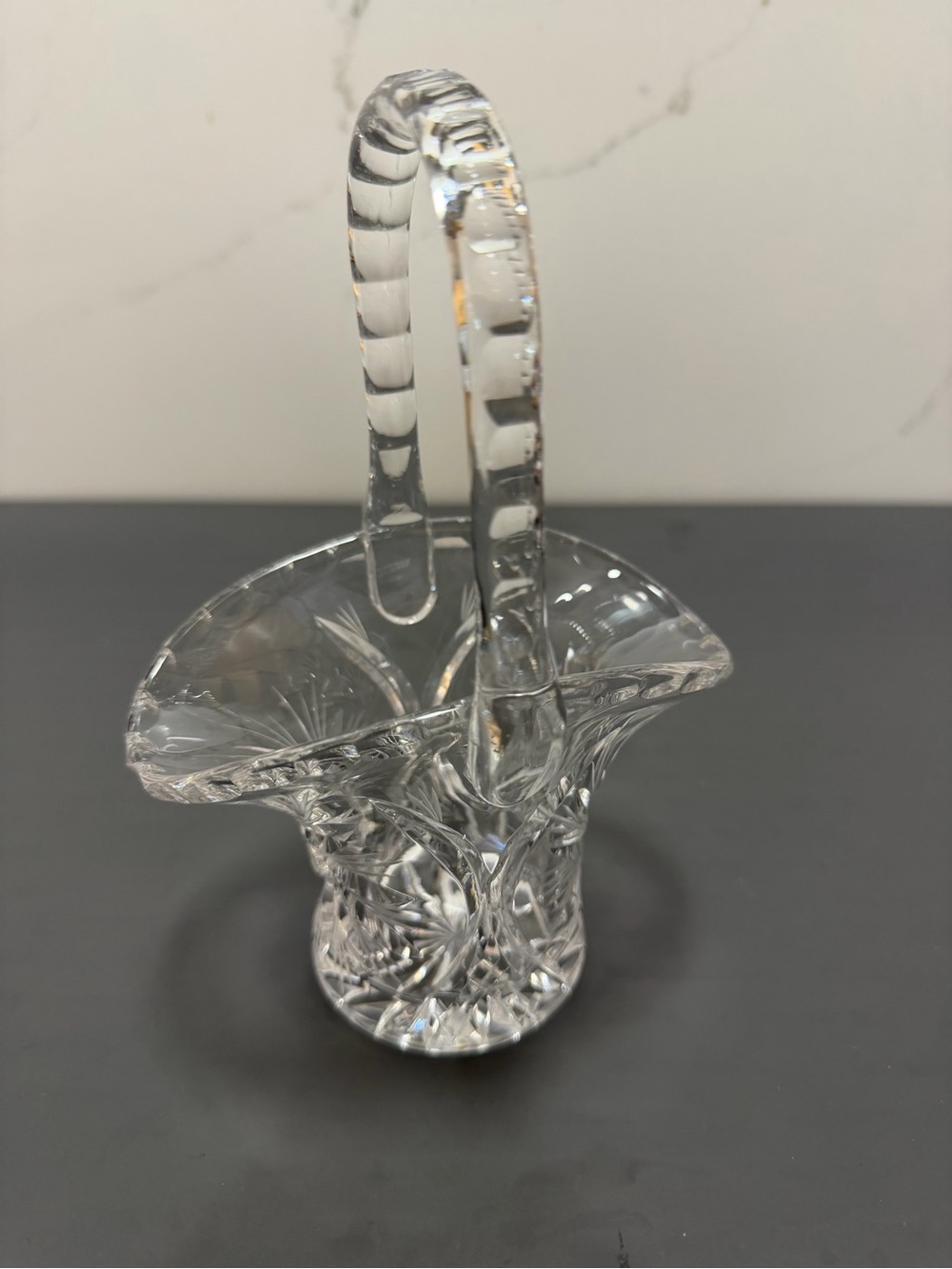 Clear Crystal Cut Glass Basket with Handle - White